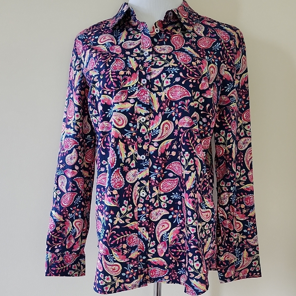 Talbots Navy Button-Down Shirt with Pink Paisley Print NWT Size Medium
